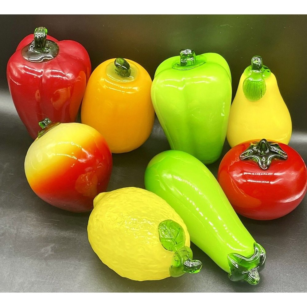 Vintage Murano Style Glass Fruit & Vegetables Hand Blown Art Deco Farmhouse 8 Pc